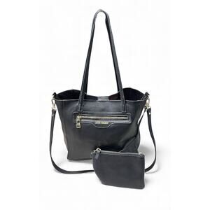 Steve Madden Black Leather Pebbled Tote + Matching Makeup Wristlet-Shoulder Bag